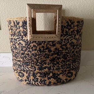 Antik Kraft Woven Jute Tote with Wooden Handles and Floral Design